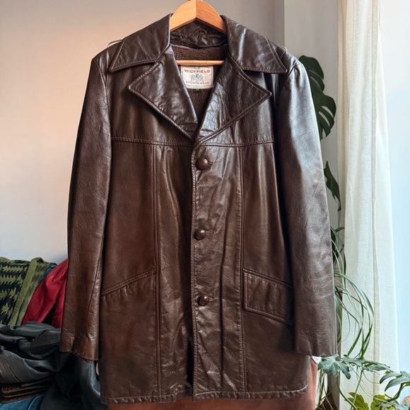 Vintage Wickfield Sports Coat Men's Brown Leather Jacket Button Up Coat size L